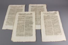 Four Single Sheets of the 17th Century Observator Newspaper