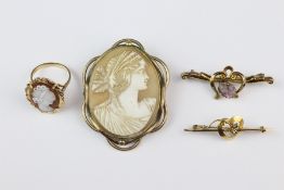 Miscellaneous 9ct gold jewellery including a 9ct yellow gold cameo ring, size L, approx 3.8 gms, a