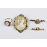 Miscellaneous 9ct gold jewellery including a 9ct yellow gold cameo ring, size L, approx 3.8 gms, a