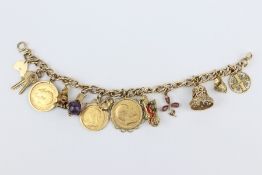 9ct Gold Charm Bracelet with Two Full and 1 1/2 Sovereigns