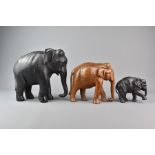 Three Carved Treen Asian Elephants