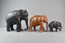 Three Carved Treen Asian Elephants