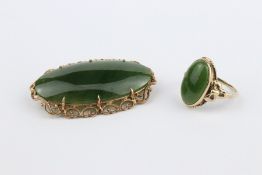 9ct Yellow Gold Green Agate Ring and Brooch