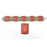 Chinese Silver Filigree and Cinnabar Bracelet and Brooch