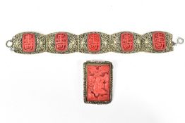 Chinese Silver Filigree and Cinnabar Bracelet and Brooch