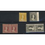 Chalon Head proofs 1d yellow single, 1d red pair & 6d grey single & pair.