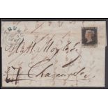 1840 1d black, A-I, F/U on entire with red maltese cross, 4 good margins + part of stamp below,