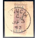 1891-92 ½d on half 6d dull mauve & blue with No fraction bar var. Used on piece with St Lucia cds.