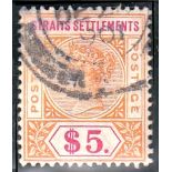 1892-99 $5 orange & carmine used, fine.