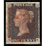 1840 1d black, H-K, F/U with red maltese cross, 3 margins, trimmed at right.