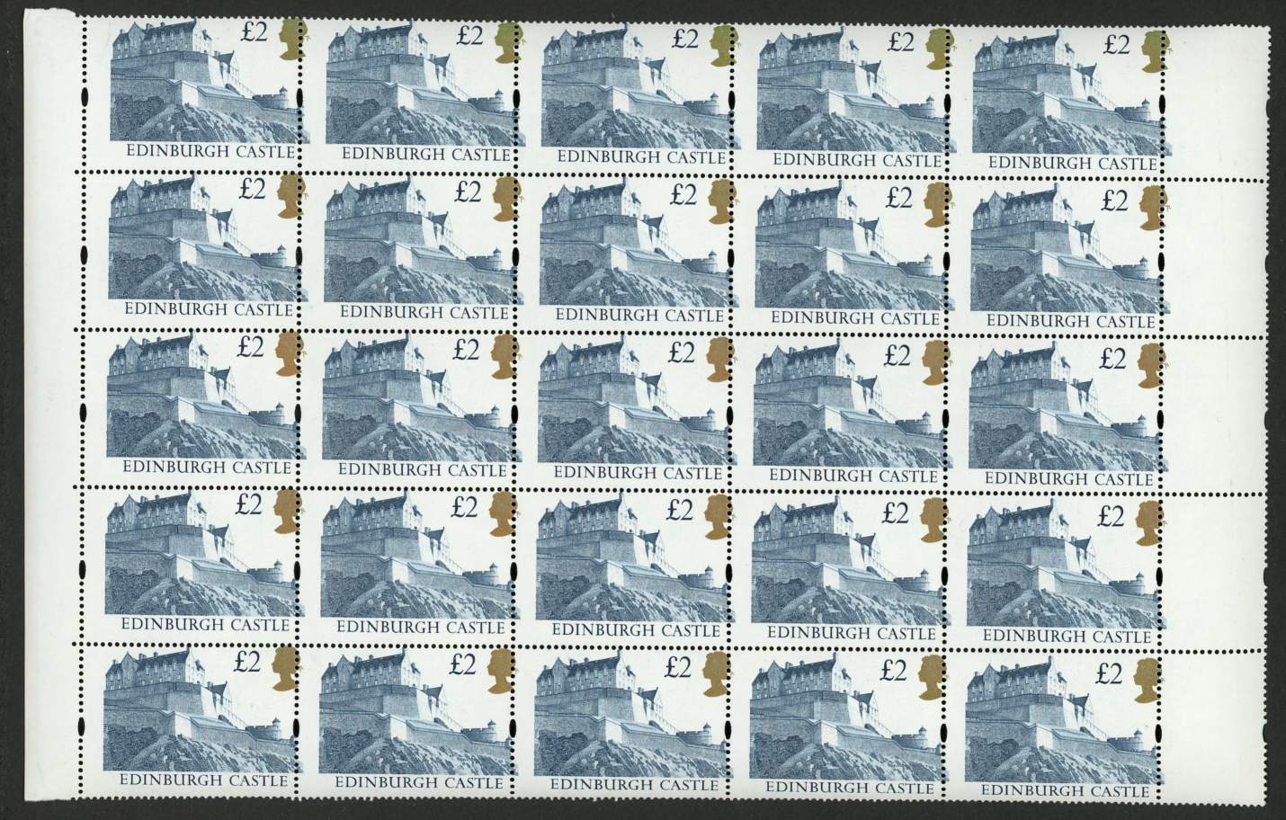 1992 £2 block of 25 with perforation shift varying across the sheet but with perforations through