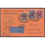 Zeppelins: Orange card franked with 3 Danzig Constitution overprints (SG 214,