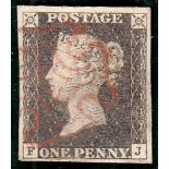 1840 1d black, F-J, plate 1a, F/U with red maltese cross, 4 margins, some thinning & repair.