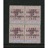 1942 Columbus 5/- block of 4, lower right stamp with "1342" error. U/M, fine.