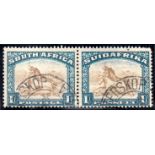 1930-44 1/- brown & deep blue pair, left stamp with "Twisted horn" flaw F/U,