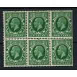 1934 ½d green inverted wmk block of 6, 2 stamps trimmed.