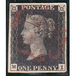 1840 1d black, M-I, F/U with light central maltese cross, 4 good margins,