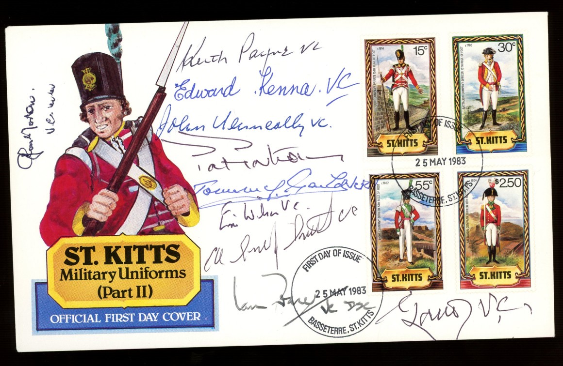 St Kitts 1983 Military Uniforms FDC signed by 10 VC holders. Unaddressed, fine.