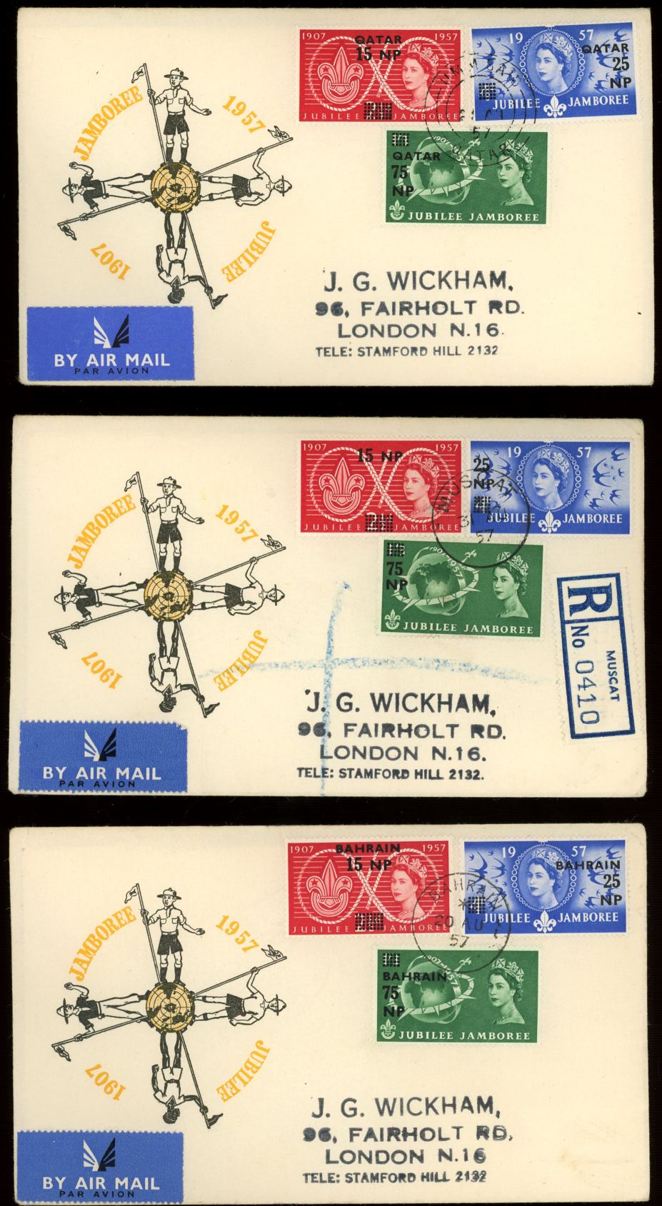 Bahrain, Muscat & Qatar 1957 Scouts illustrated FDCs. Printed addresses, fine.