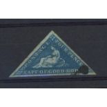 CAPE OF GOOD HOPE 1853-63 4d blue triangular used, 3 good margins, fine.