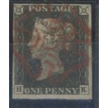 1840 1d black, plate 3, H-K, F/U with central red maltese cross, 4 margins, fine.