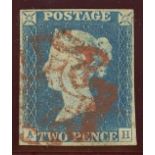 1840 2d blue, plate 1, A-H, used with red maltese cross, 4 margins, fine.