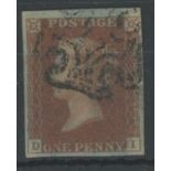 1841 1d red, plate 5, D-I, F/U with black maltese cross, 4 margins, fine.