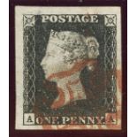 1840 1d black, plate 1a, A-A, corner copy with huge margins, F/U with red maltese cross, fine.