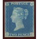 1840 2d blue, I-C, unused, 4 margins, fine.