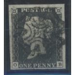 1840 1d black, plate 4, O-B, F/U with black Manchester maltese cross, 4 margins, fine.