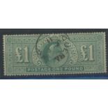 1902-10 £1 dull blue-green F/U with Guernsey cds, fine.