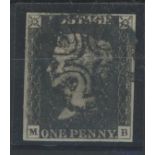 1840 1d black, M-B, F/U with Manchester maltese cross, 4 margins, fine.