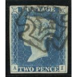 1840 2d blue, A-I, F/U with Dublin maltese cross, 4 margins, fine.