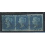 1841 2d blue, TE/TG, strip of 3, strip of 3 used with Dublin maltese cross,