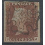 1841 1d red, plate 11, S-J, F/U with central maltese cross, 4 margins, fine.