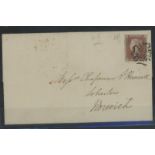 1841 1d red, plate 11, N-?, on entire to Norwich, 4 margins.