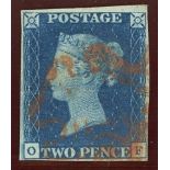 1840 2d deep full blue, plate 2, O-F, F/U with red maltese cross, fine.