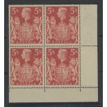 1939-48 5/- red Mint bottom right corner block of 4.