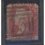 1864-79 1d red, plate 225, A-J, used, top corners & several perfs missing.