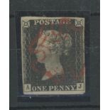1840 1d black, A-J, F/U with red maltese cross, 4 margins, fine.