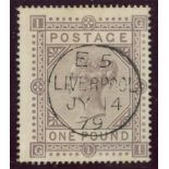 1878 £1 brown-lilac, wmk maltese cross, G-I, F/U with central Liverpool cds, fine.