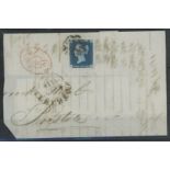 1840 2d blue, plate 1, A-F, used on large piece from Mottram to Preston,