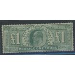 1902-10 £1 dull blue-green U/M, vertical crease at left, otherwise fine.