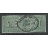 1891 £1 green, D-C, F/U with Registered London oval H/S, fine.