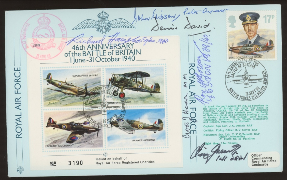 1986 Battle of Britain 46th Anniversary cover signed by 7 Battle of Britain pilots.