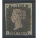 1840 1d black, plate 5, E-H, F/U with red maltese cross, 4 margins, fine.