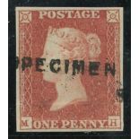 1841 1d red, M-H, overprinted "SPECIMEN" Mint, 4 margins.