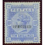 1883-84 10/- cobalt, Blued paper, overprinted "SPECIMEN" Mint, fine.