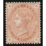 1873-80 1/- orange-brown, K-K, Watermark Inverted, Mint, small thin at top, otherwise fine.