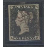 1840 1d black, plate 1a, L-F, with apparent violet maltese cross, 4 margins, fine.